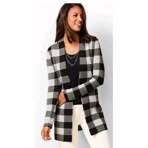 Talbots Merino Wool Black Plaid Check Long Open Cardigan Sweater Large Teacher‎
